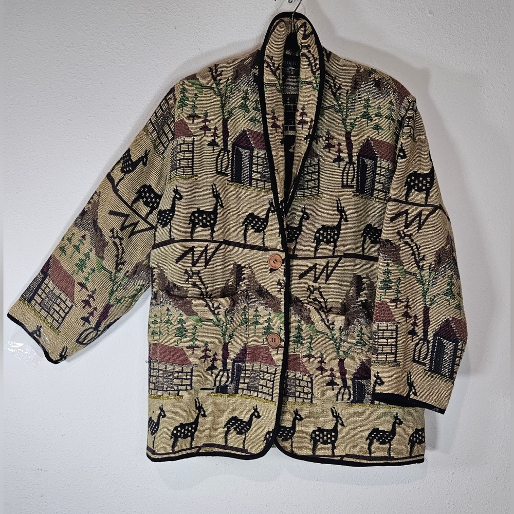 Vintage 90s Tapestry Western Boho Blazer Jacket Medium Blanket Coat Oversized